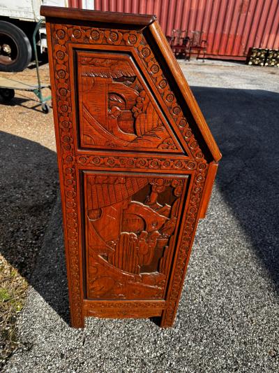 Vintage Carved Asian Drop Front 5 Drawer Secretary