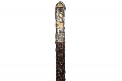 Vintage Carved Hardwood Sterling Silver Overlaid Cane Walking Stick