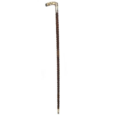 Vintage Carved Hardwood Sterling Silver Overlaid Cane Walking Stick