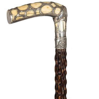 Vintage Carved Hardwood Sterling Silver Overlaid Cane Walking Stick