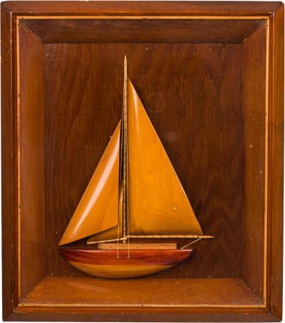Vintage Carved Wooden Sailboat in a Shadow Box