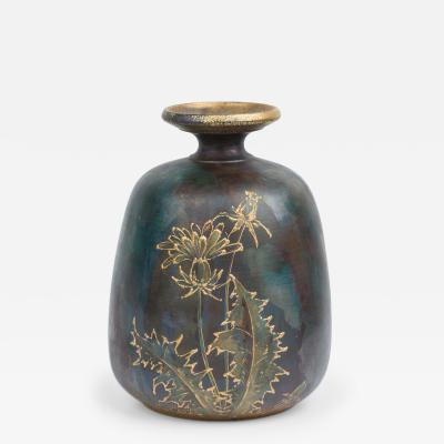 Vintage Ceramic Raised Gold Dandelion Motif and Oxidized Glaze Ceramic Vase