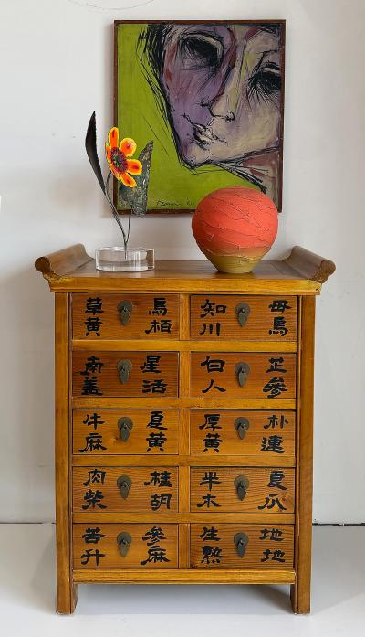 Vintage Chinese Apothecary Cabinet Painted Calligraphy 10 Drawers