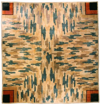Vintage Chinese Art Deco Beige Green Handmade Wool Rug Size Adjusted 