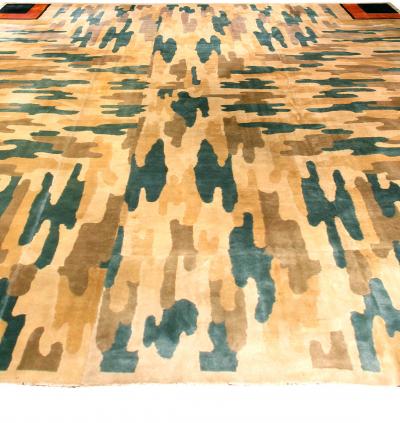 Vintage Chinese Art Deco Beige Green Handmade Wool Rug Size Adjusted 