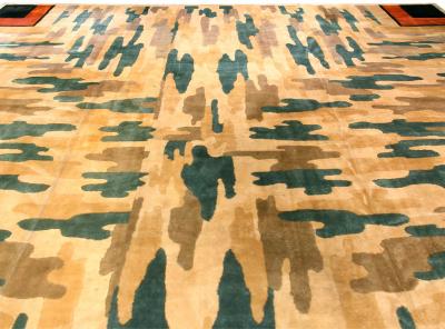 Vintage Chinese Art Deco Beige Green Handmade Wool Rug Size Adjusted 
