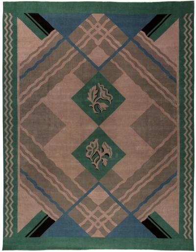 Vintage Chinese Art Deco Green Blue and Beige Handwoven Wool Rug