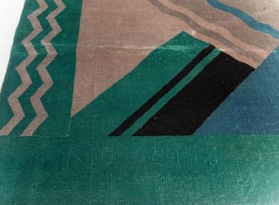 Vintage Chinese Art Deco Green Blue and Beige Handwoven Wool Rug