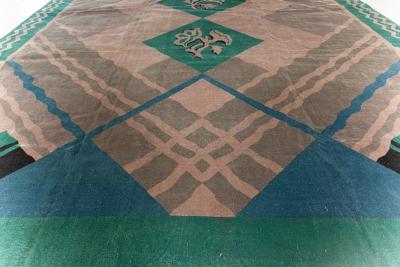 Vintage Chinese Art Deco Green Blue and Beige Handwoven Wool Rug
