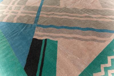 Vintage Chinese Art Deco Green Blue and Beige Handwoven Wool Rug