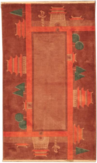 Vintage Chinese Art Deco Red and Green Handmade Wool Rug