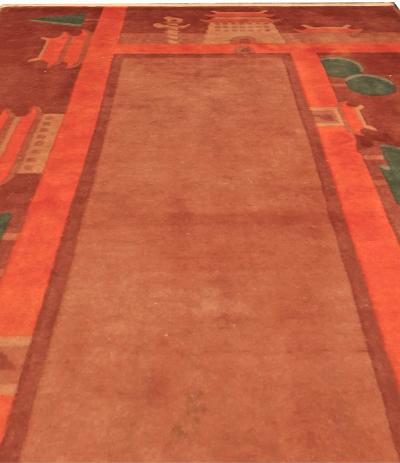 Vintage Chinese Art Deco Red and Green Handmade Wool Rug