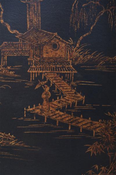 Vintage Chinese Black and Gold Tole Lake Scene Oval Tray