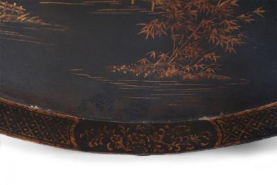 Vintage Chinese Black and Gold Tole Lake Scene Oval Tray