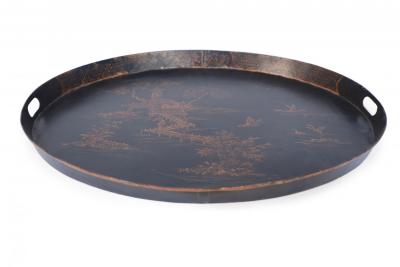 Vintage Chinese Black and Gold Tole Lake Scene Oval Tray