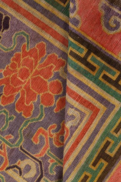 Vintage Chinese Bold Botanic Silk Carpet in Purple Red Beige Green