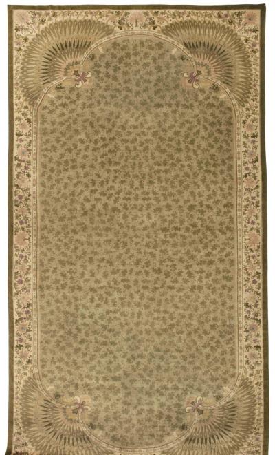 Vintage Chinese Botanic Brown and Sage Handmade Wool Rug