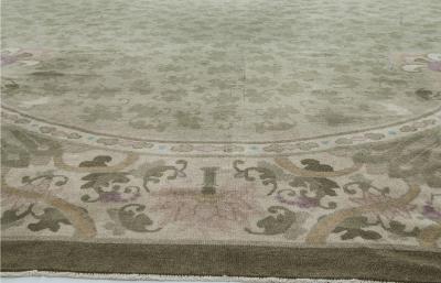 Vintage Chinese Botanic Brown and Sage Handmade Wool Rug