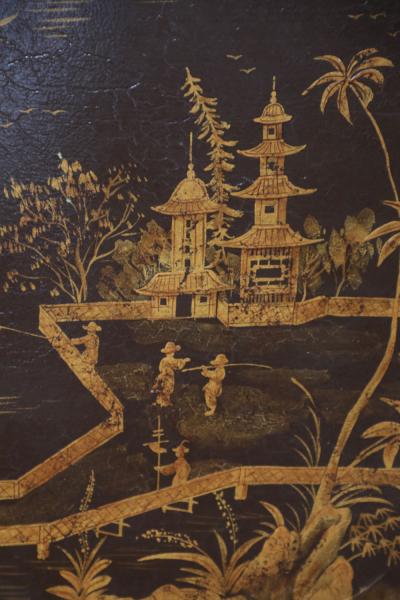 Vintage Chinese Brown and Gold Tole Serving Tray with Lake Scene