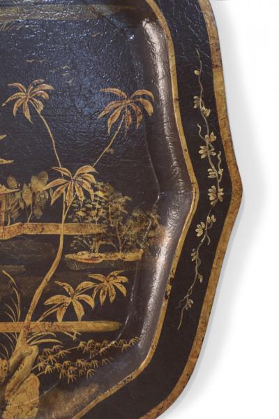 Vintage Chinese Brown and Gold Tole Serving Tray with Lake Scene