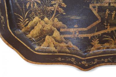 Vintage Chinese Brown and Gold Tole Serving Tray with Lake Scene