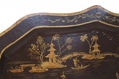 Vintage Chinese Brown and Gold Tole Serving Tray with Lake Scene