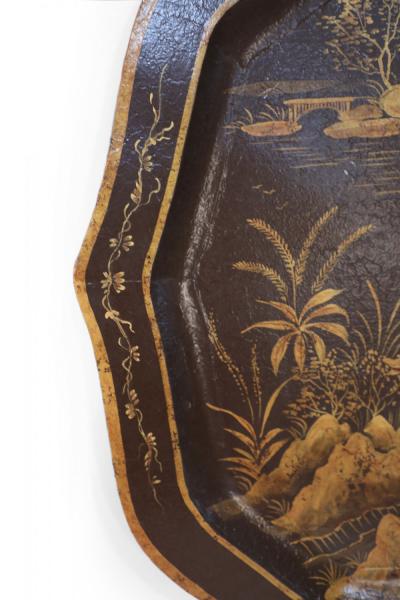 Vintage Chinese Brown and Gold Tole Serving Tray with Lake Scene