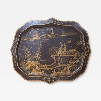 Vintage Chinese Brown and Gold Tole Serving Tray with Lake Scene