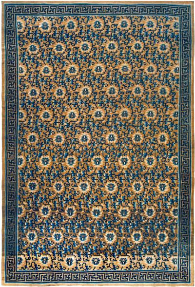Vintage Chinese Floral Gold Brown Indigo Blue Handmade Wool Rug