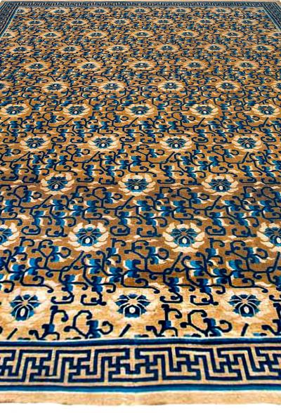 Vintage Chinese Floral Gold Brown Indigo Blue Handmade Wool Rug