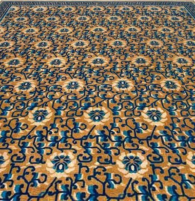 Vintage Chinese Floral Gold Brown Indigo Blue Handmade Wool Rug