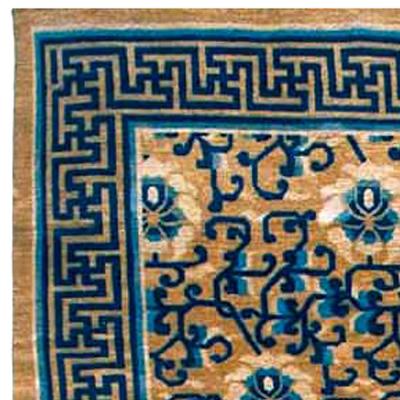 Vintage Chinese Floral Gold Brown Indigo Blue Handmade Wool Rug