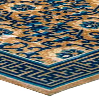 Vintage Chinese Floral Gold Brown Indigo Blue Handmade Wool Rug