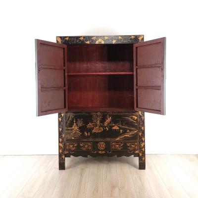 Vintage Chinese Gilt and Black Lacquered Wedding Cabinet circa 1960