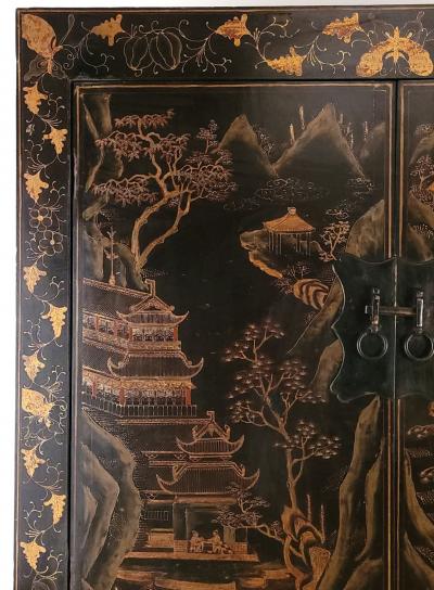 Vintage Chinese Gilt and Black Lacquered Wedding Cabinet circa 1960