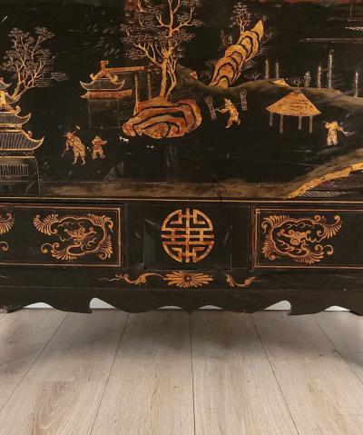 Vintage Chinese Gilt and Black Lacquered Wedding Cabinet circa 1960