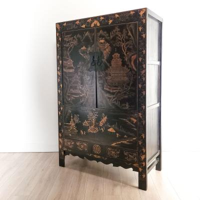 Vintage Chinese Gilt and Black Lacquered Wedding Cabinet circa 1960