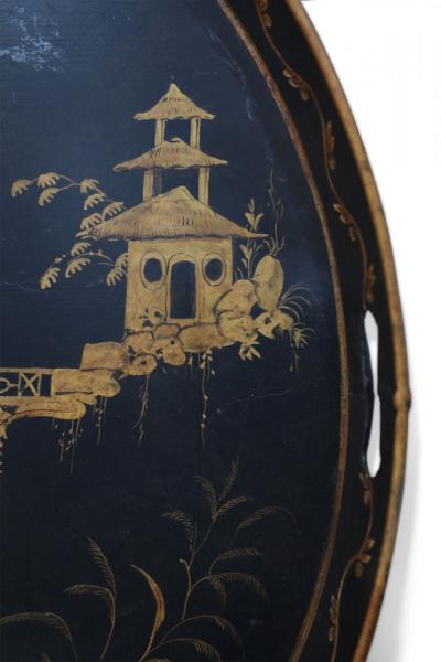 Vintage Chinese Oval Black and Gold Tole Floral Walkway Design Tray