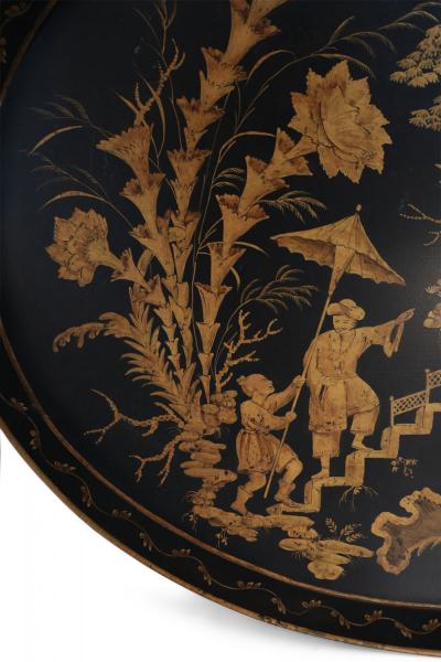 Vintage Chinese Oval Black and Gold Tole Floral Walkway Design Tray