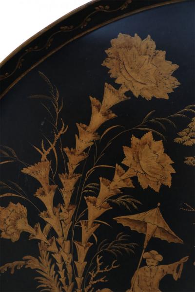 Vintage Chinese Oval Black and Gold Tole Floral Walkway Design Tray