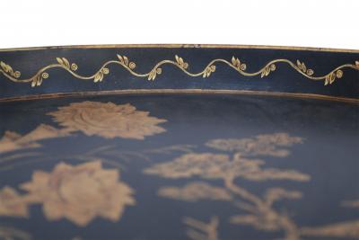 Vintage Chinese Oval Black and Gold Tole Floral Walkway Design Tray