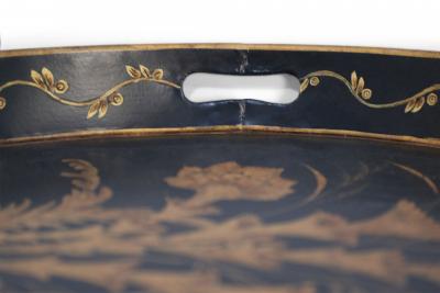 Vintage Chinese Oval Black and Gold Tole Floral Walkway Design Tray