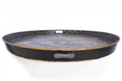 Vintage Chinese Oval Black and Gold Tole Floral Walkway Design Tray