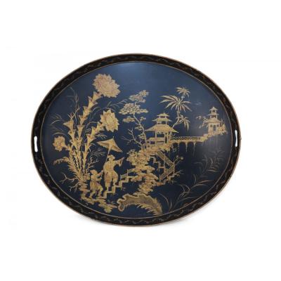 Vintage Chinese Oval Black and Gold Tole Floral Walkway Design Tray