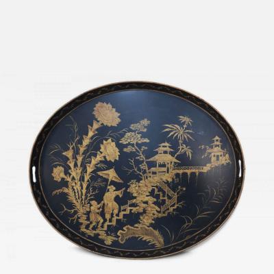 Vintage Chinese Oval Black and Gold Tole Floral Walkway Design Tray