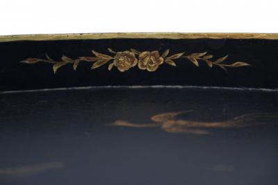 Vintage Chinese Oval Tole Black and Gold Pastoral Scene Tray