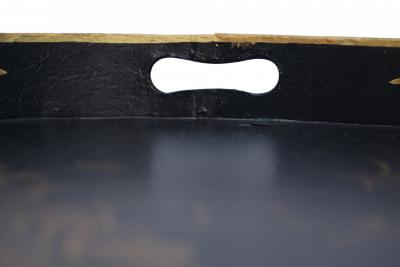 Vintage Chinese Oval Tole Black and Gold Pastoral Scene Tray