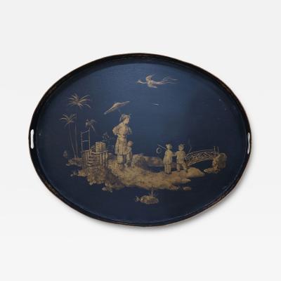 Vintage Chinese Oval Tole Black and Gold Pastoral Scene Tray