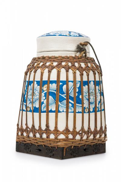 Vintage Chinese Papier Mache Blue and White Basket with Lid