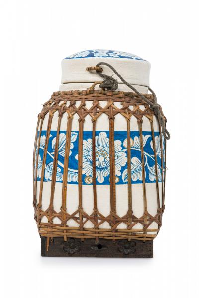Vintage Chinese Papier Mache Blue and White Basket with Lid